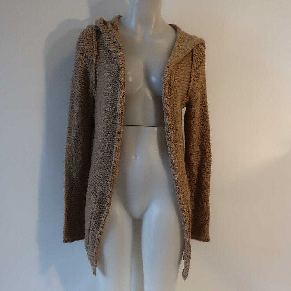 NWT Womens Olive & Oak Outfitters Camel Cotton Knit Open Hooded Sweater M